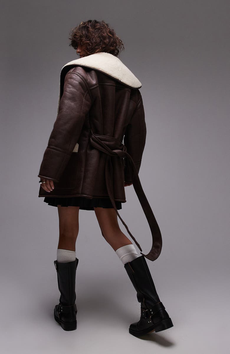 Topshop Belted Faux Shearling Jacket, Alternate, color, 