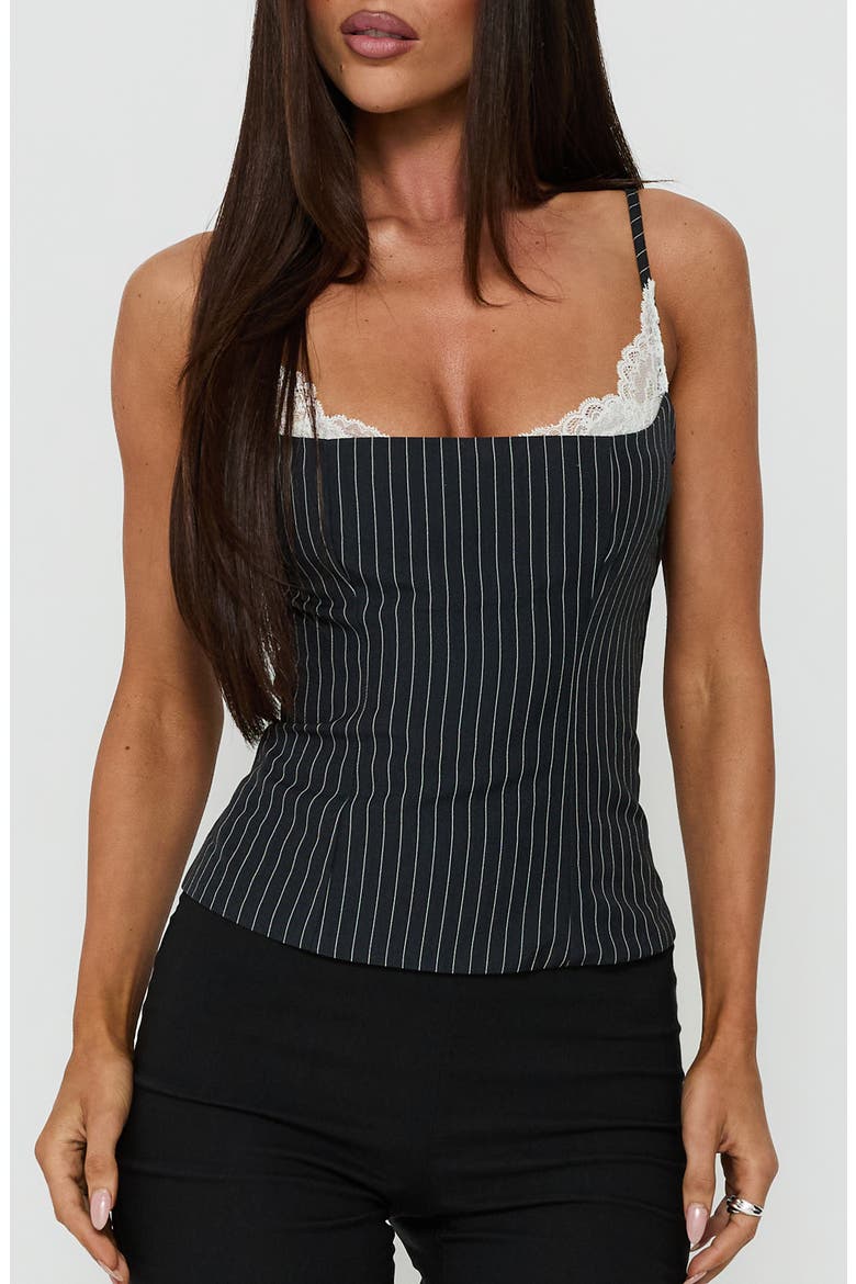 Renaissance Pinstripe Lace Layered Crop Corset Tank, Main, color, NAVY PINSTRIPE