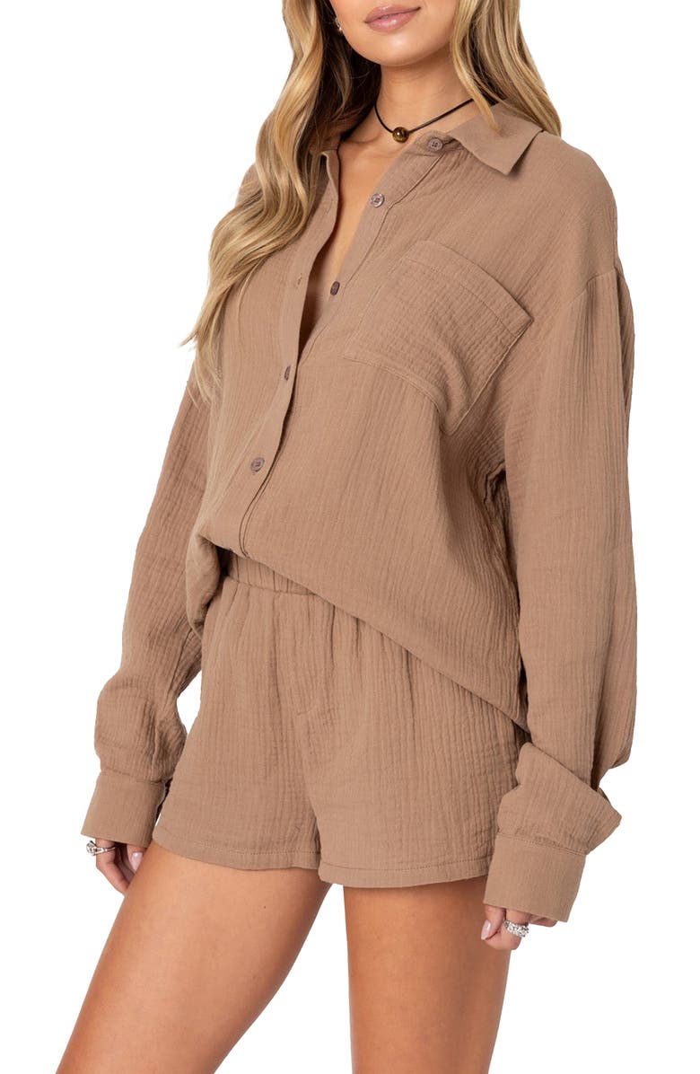 EDIKTED Levy Oversize Cotton Gauze Button-Up Shirt, Alternate, color,