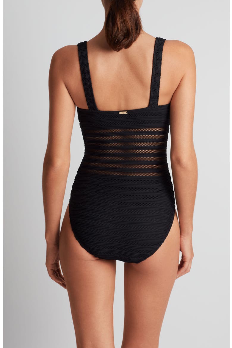 Mesh Stripe One-Piece Swimsuit, Alternate, color, BLACK