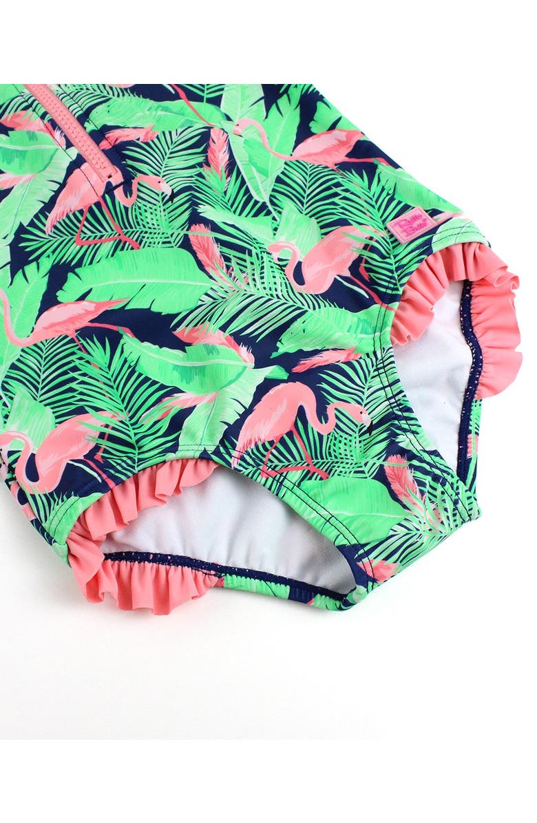 RuffleButts Toddler Girls Short Sleeve UPF50+ One Piece Rash Guard, Alternate, color, Flamingo Frenzy