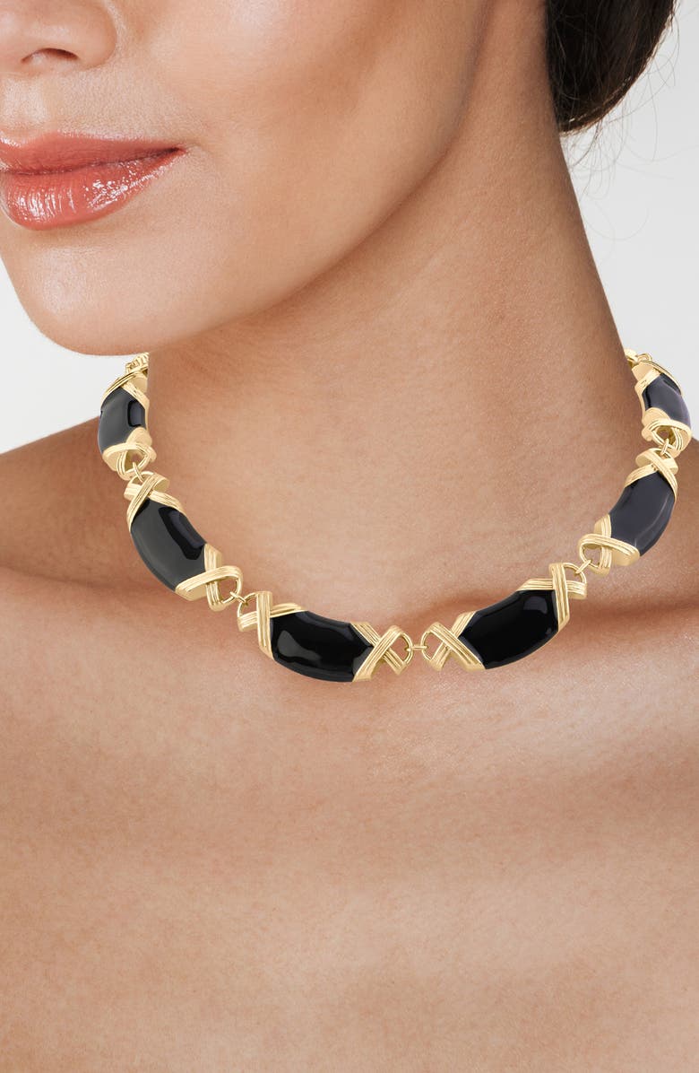 JARDIN Enamel Basketweave Collar Necklace, Alternate, color, Black/ Gold