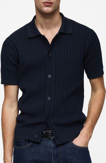 Mango Textured Short Sleeve Button-up Knit Shirt In Multi
