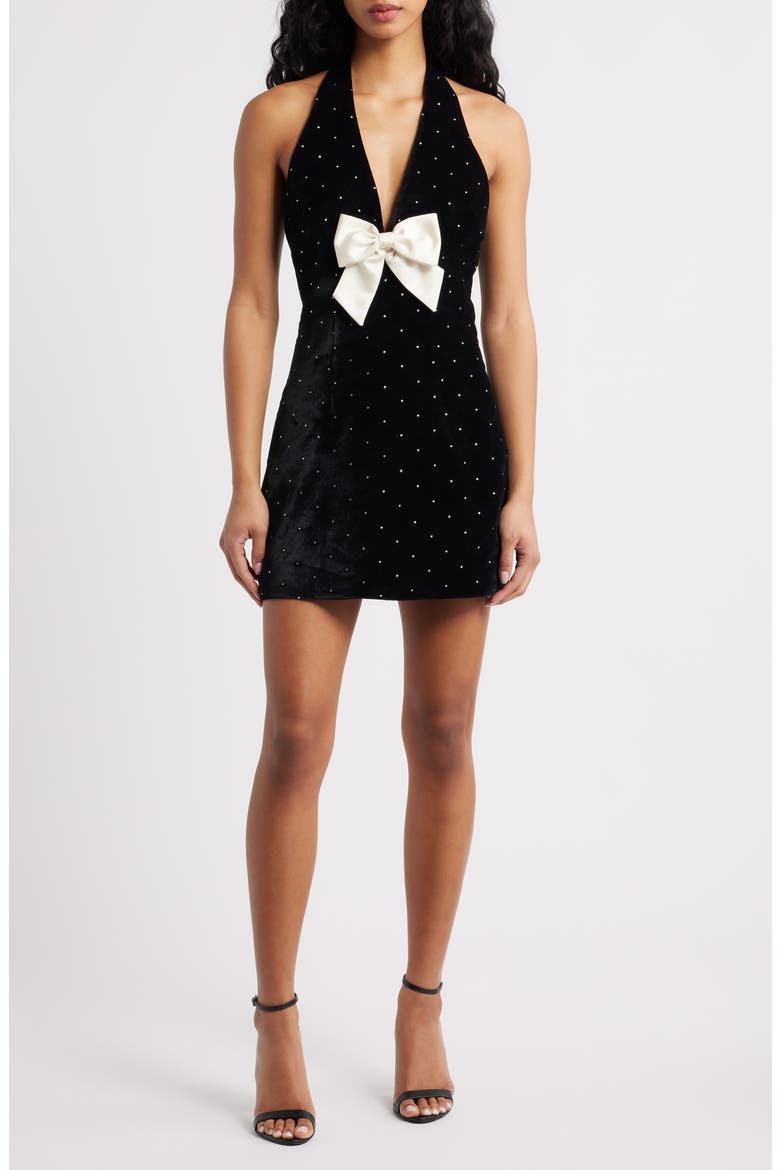 Kathy Bow & Rhinestone Halter Velvet Minidress, Main, color, BLACK