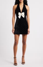 LoveShackFancy Kathy Bow & Rhinestone Halter Velvet Minidress