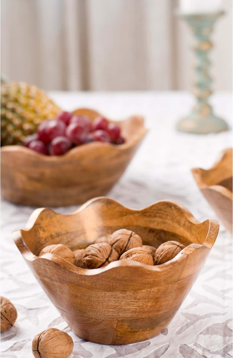 Mela Artisans Scalloped Mangowood Bowls Large, Alternate, color, Brown