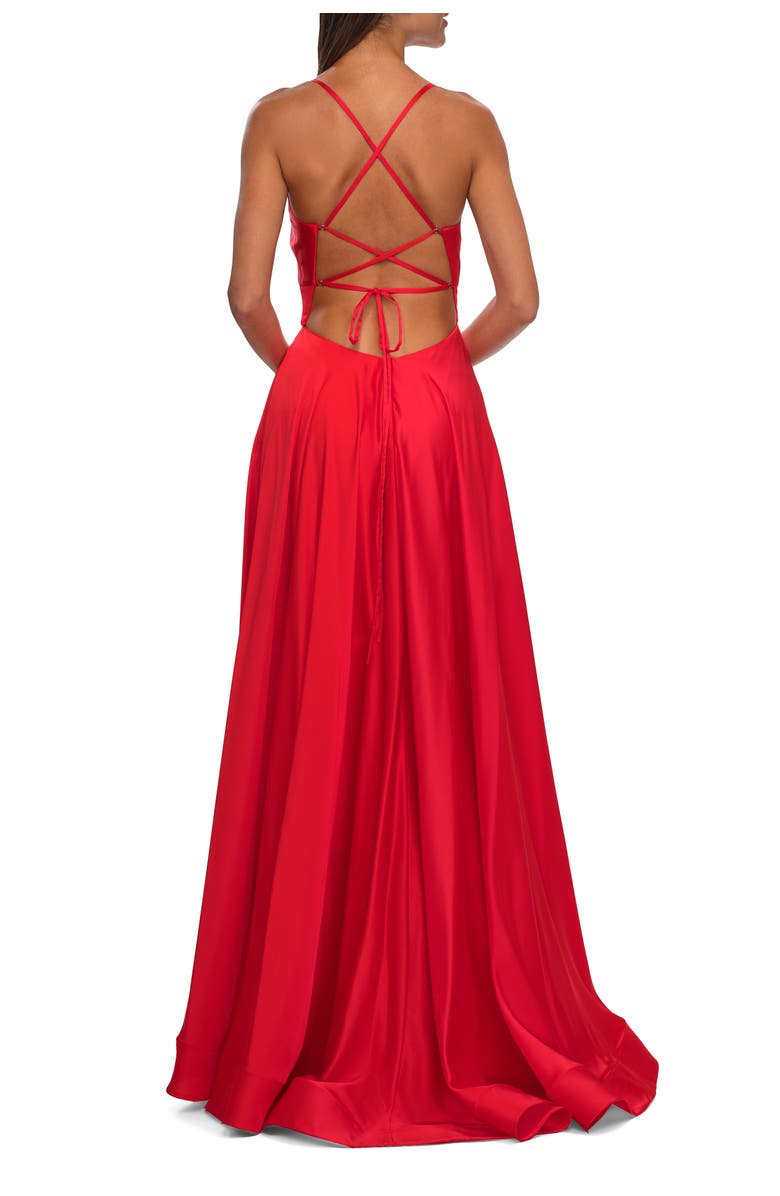 La Femme Satin A-Line Gown with Cut Out and Twist Bodice in Neon, Alternate, color, Hot Coral