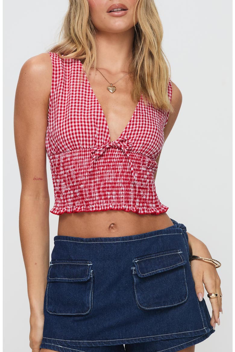 Mixing It Up Gingham Smocked Crop Tank, Main, color, RED/ WHITE