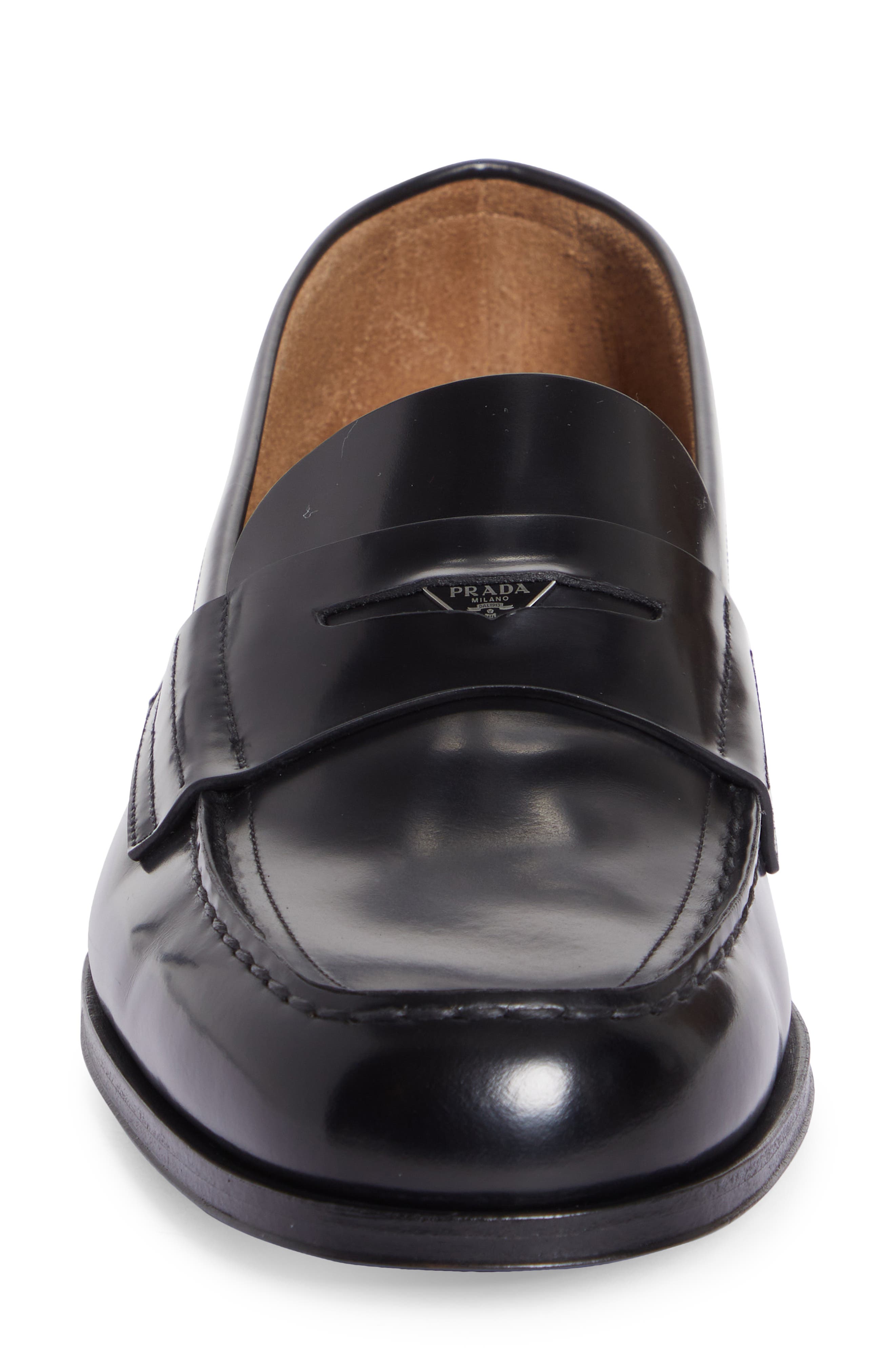 Prada Triangle Logo Penny Loafer, Alternate, color, Nero