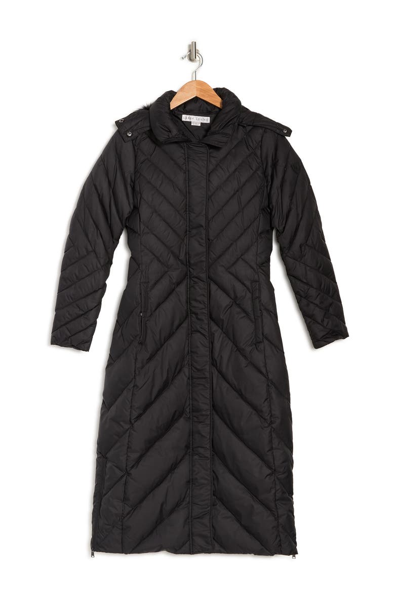 Larry Levine Multi Directional Chevron Faux Fur Trim Hooded Maxi Puffer Jacket, Alternate, color, 