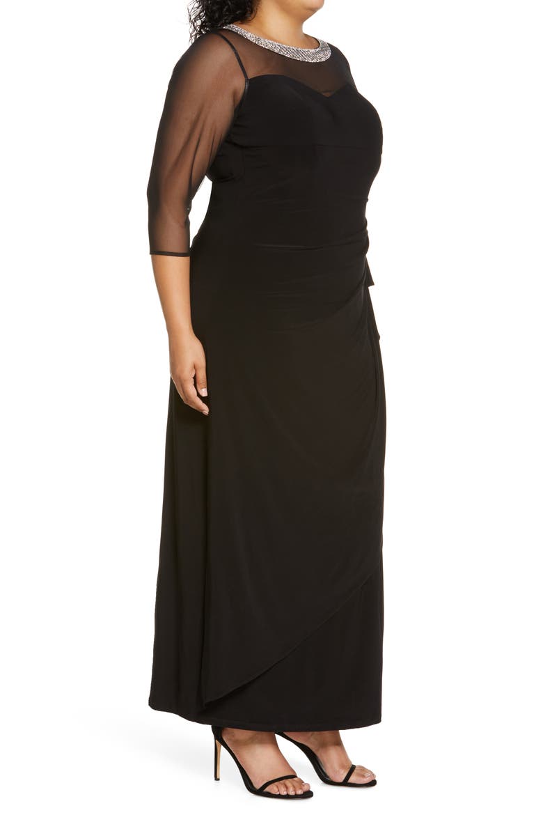 Illusion Sleeve Side Ruched Gown, Alternate, color, BLACK