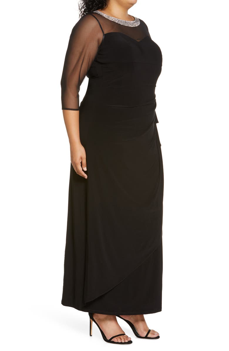 Alex Evenings Illusion Sleeve Side Ruched Gown, Alternate, color, Black