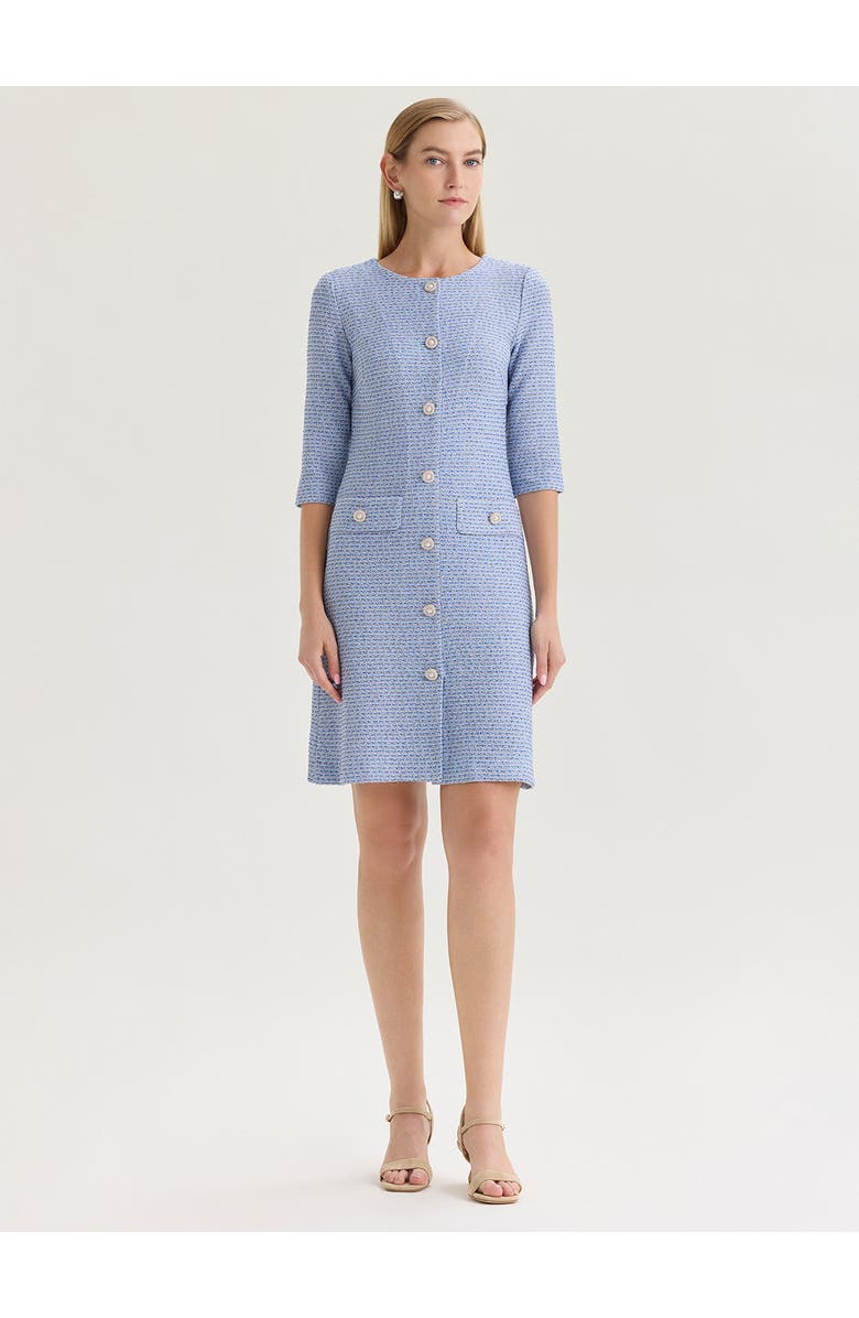 Misook Tri-Color Tweed Knit Sheath Dress, Main, color, Blue/Charmeuse/Biscotti