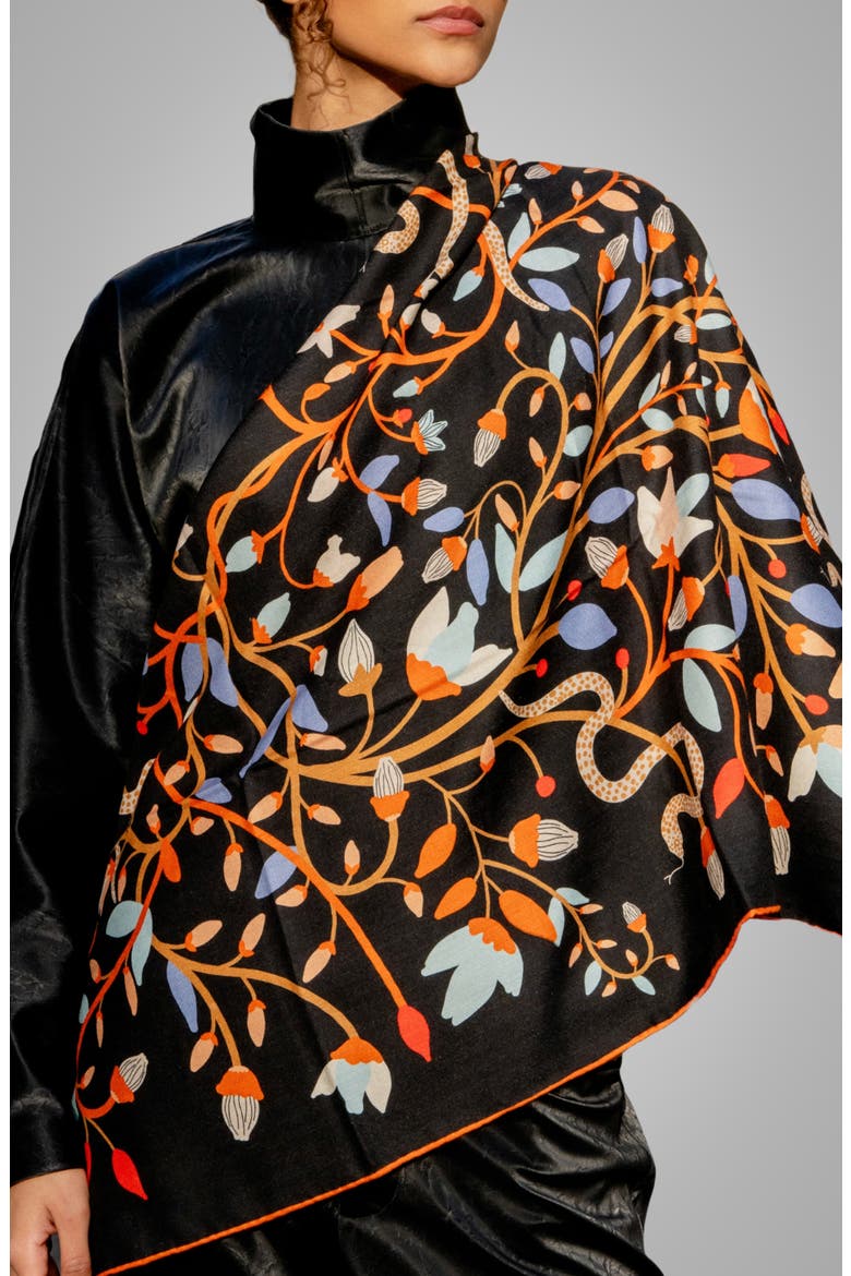 Double Sided Wool Silk Scarf Of Night's Enchanted Garden, Alternate, color, Black