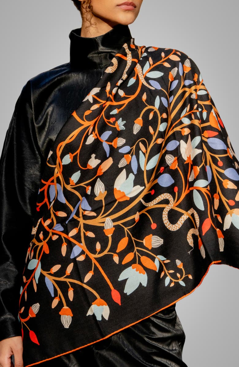 Jessie Zhao New York Double Sided Wool Silk Scarf Of Night's Enchanted Garden, Alternate, color, Black