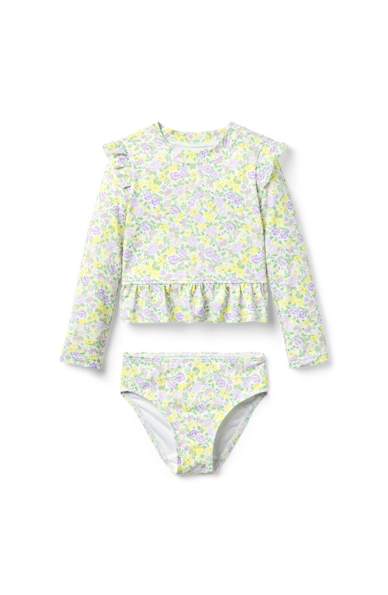 Janie and Jack Recycled Ditsy Floral Ruffle Rash Guard Swimsuit, Main, color, Yellow