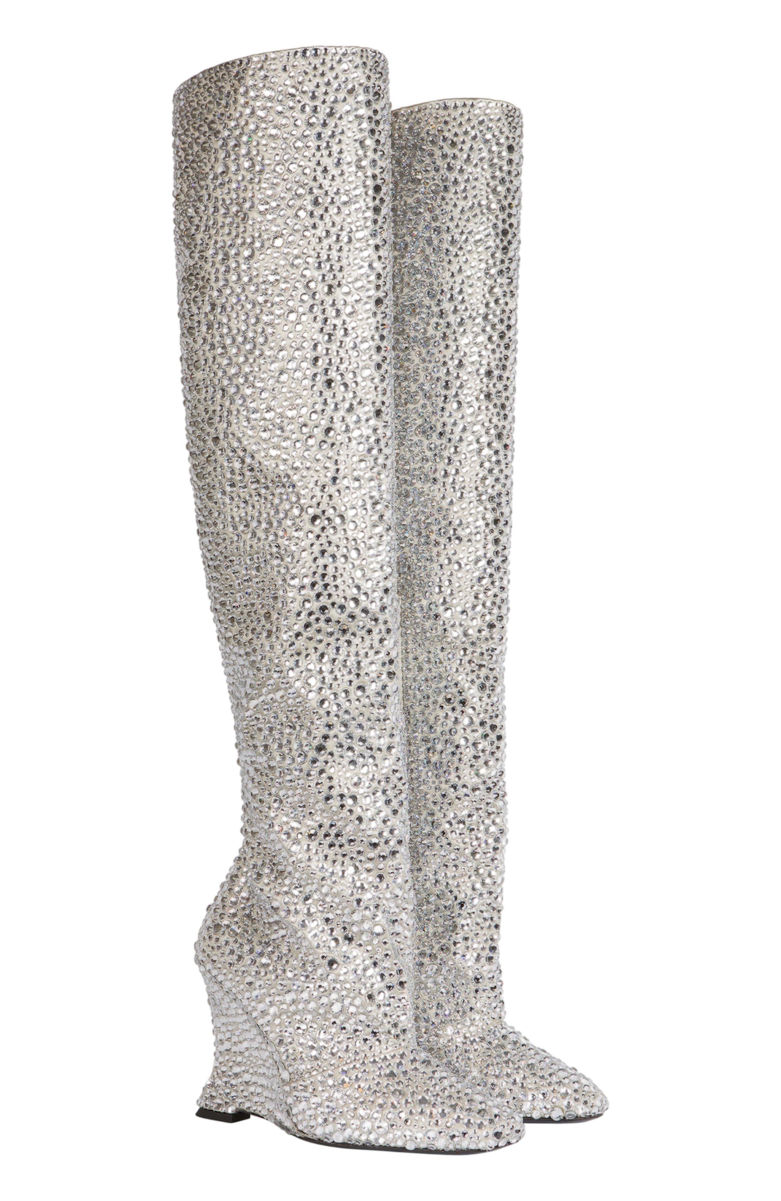 Wedge Thigh-High Satin Boots with Crystals, Main, color, Silver