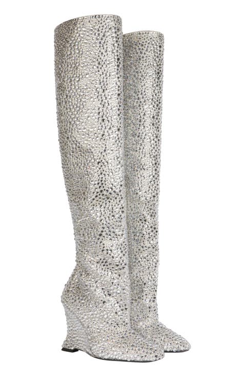 Wedge Thigh-High Satin Boots with Crystals