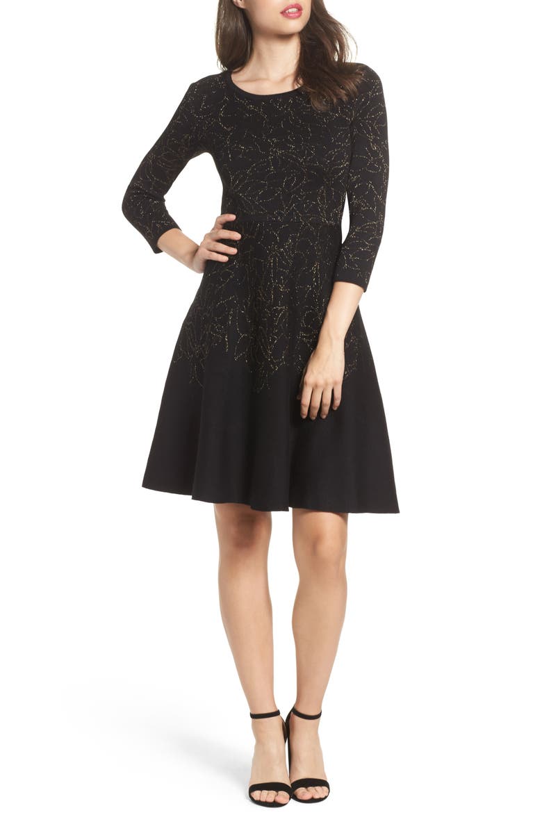 Taylor Dresses Metallic Knit Fit & Flare Dress, Main, color,