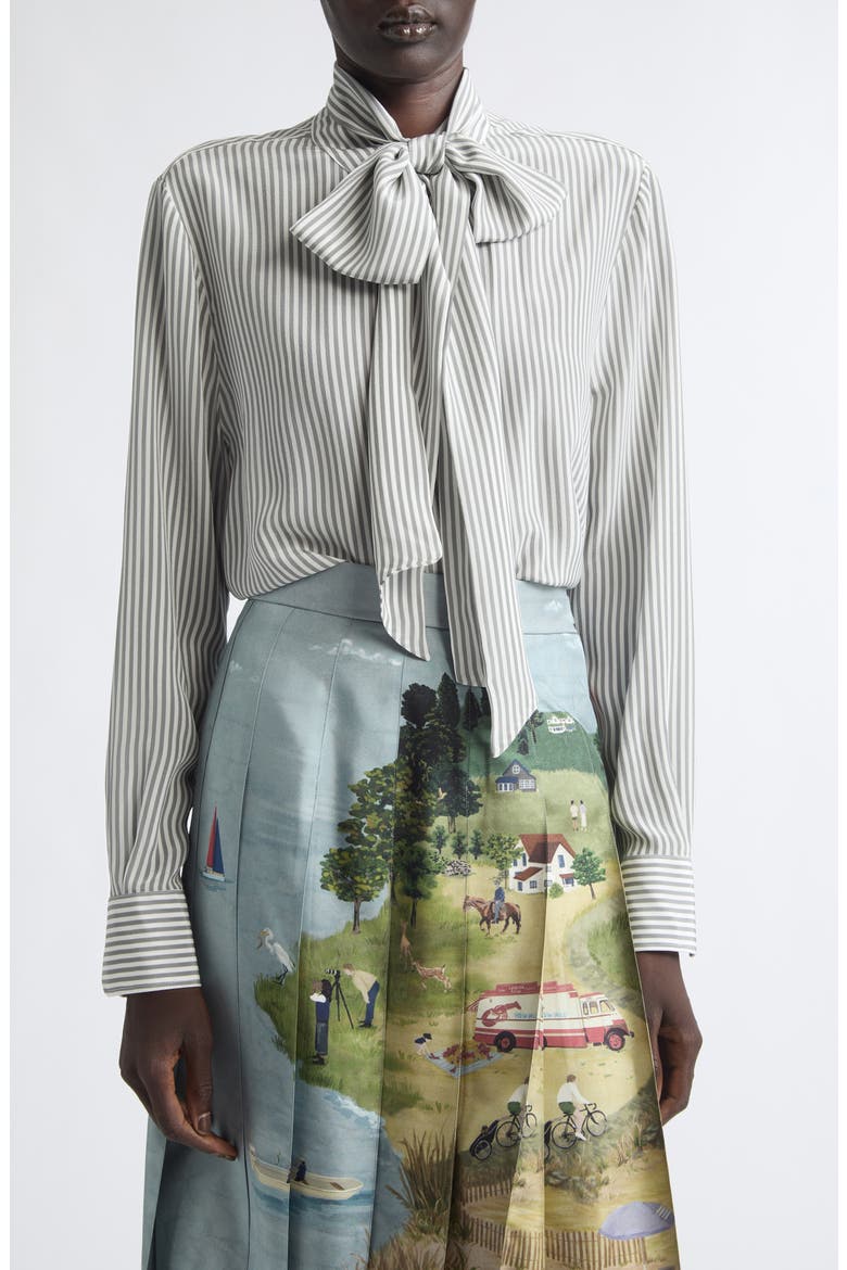 Detachable Collar Stripe Silk Button-Up Shirt, Main, color, MEDIUM GREY
