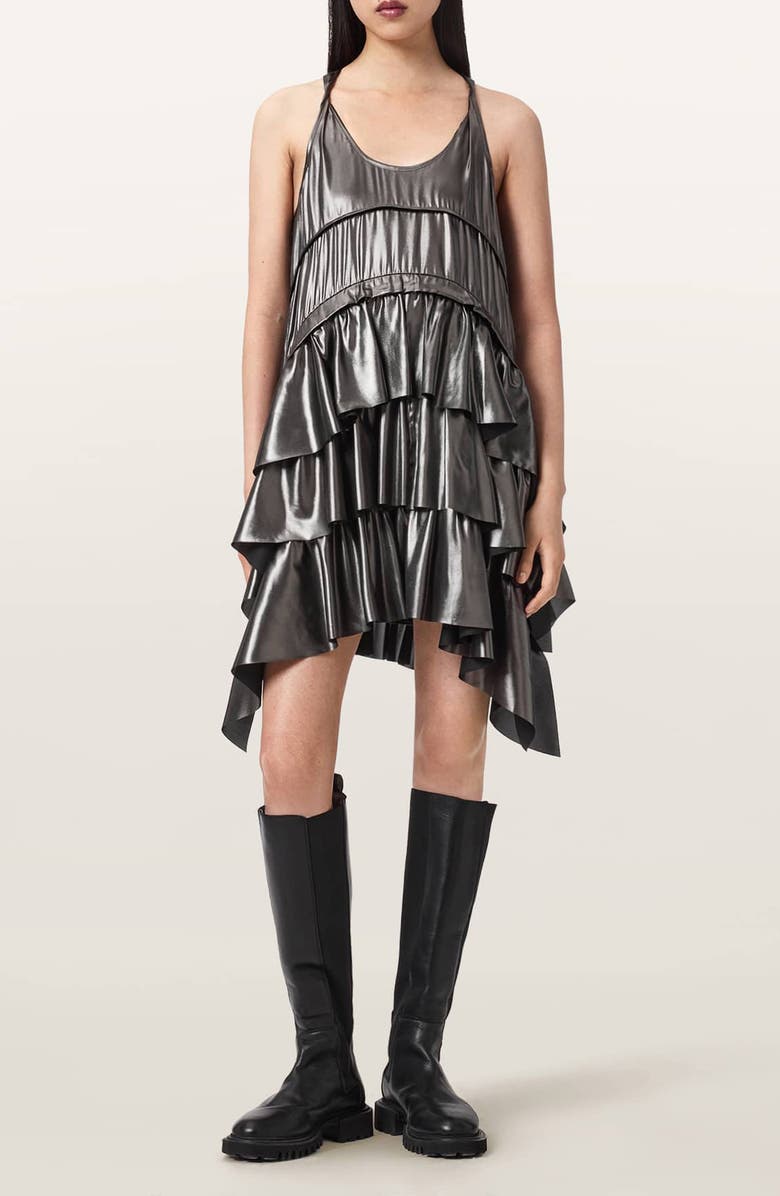 AllSaints Ruffle Racerback Tank Dress, Main, color, Metallic Silver