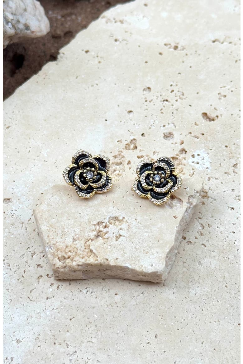 Cubic Zirconia Black Enamel Floral Stud Earrings, Alternate, color, BLACK