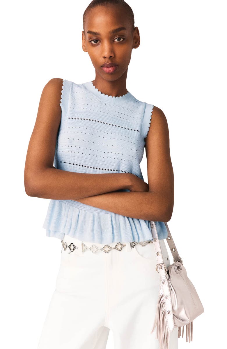 maje Ruffled knit top, Alternate, color, Blue Sky