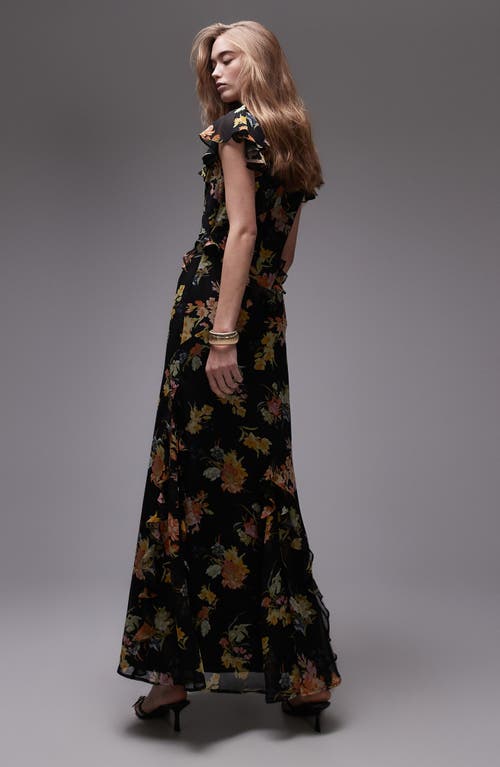 Topshop Flutter Sleeve Ruffle Occasion Midi Dress In Black