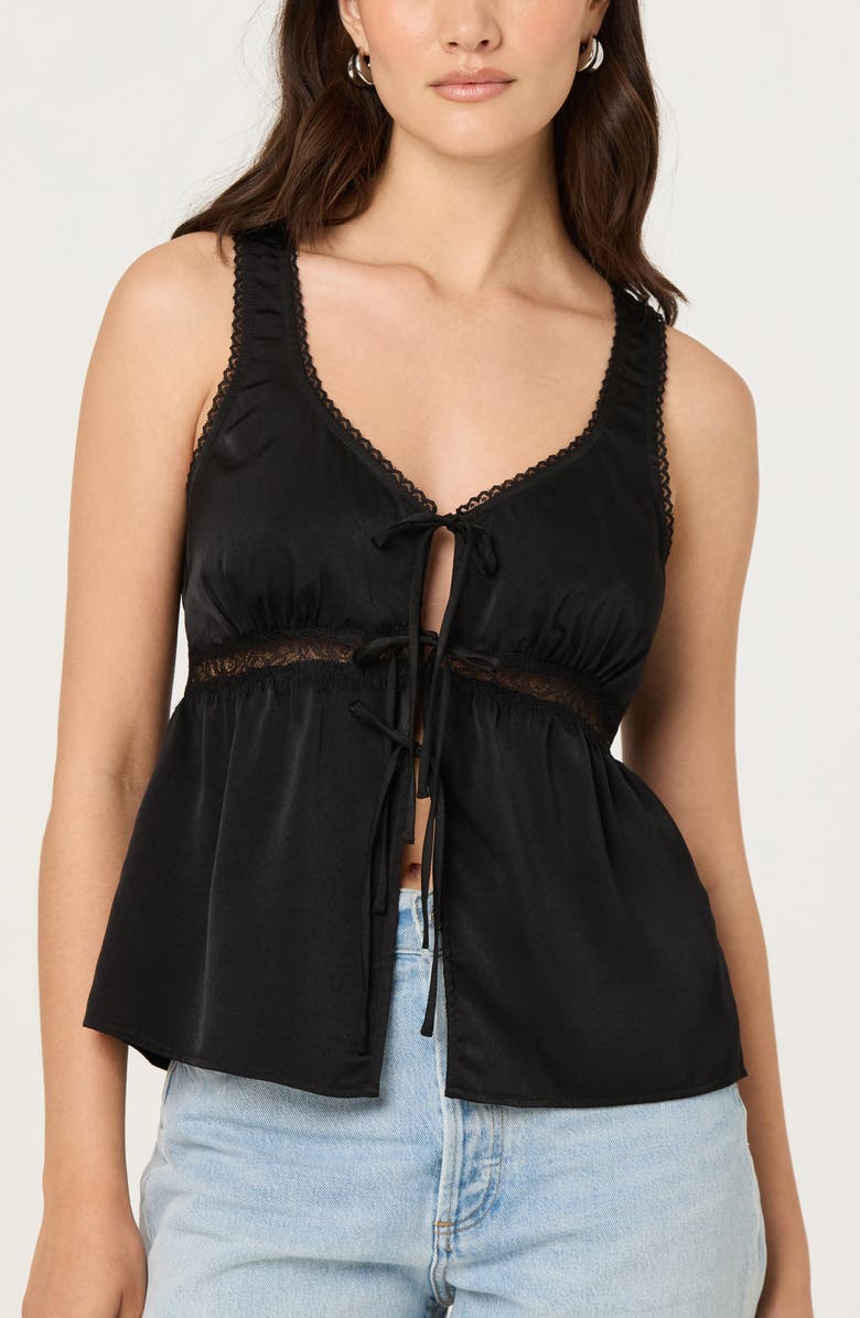 ASTR the Label Tie Front Lace Trim Satin Tank Top, Alternate, color, Black