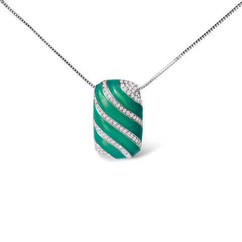 Silver Turquoise Enamel and 1/2 Cttw Diamond Block Pendant Necklace