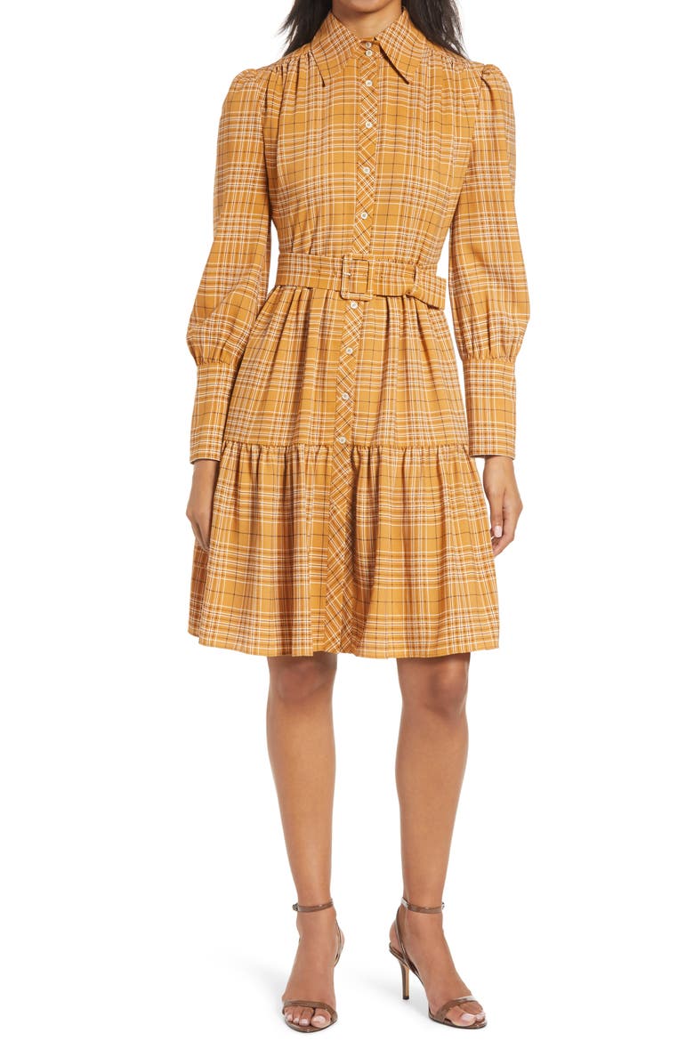 x Atlantic-Pacific Belted Long Sleeve Shirtdress, Main, color, BROWN PLAID