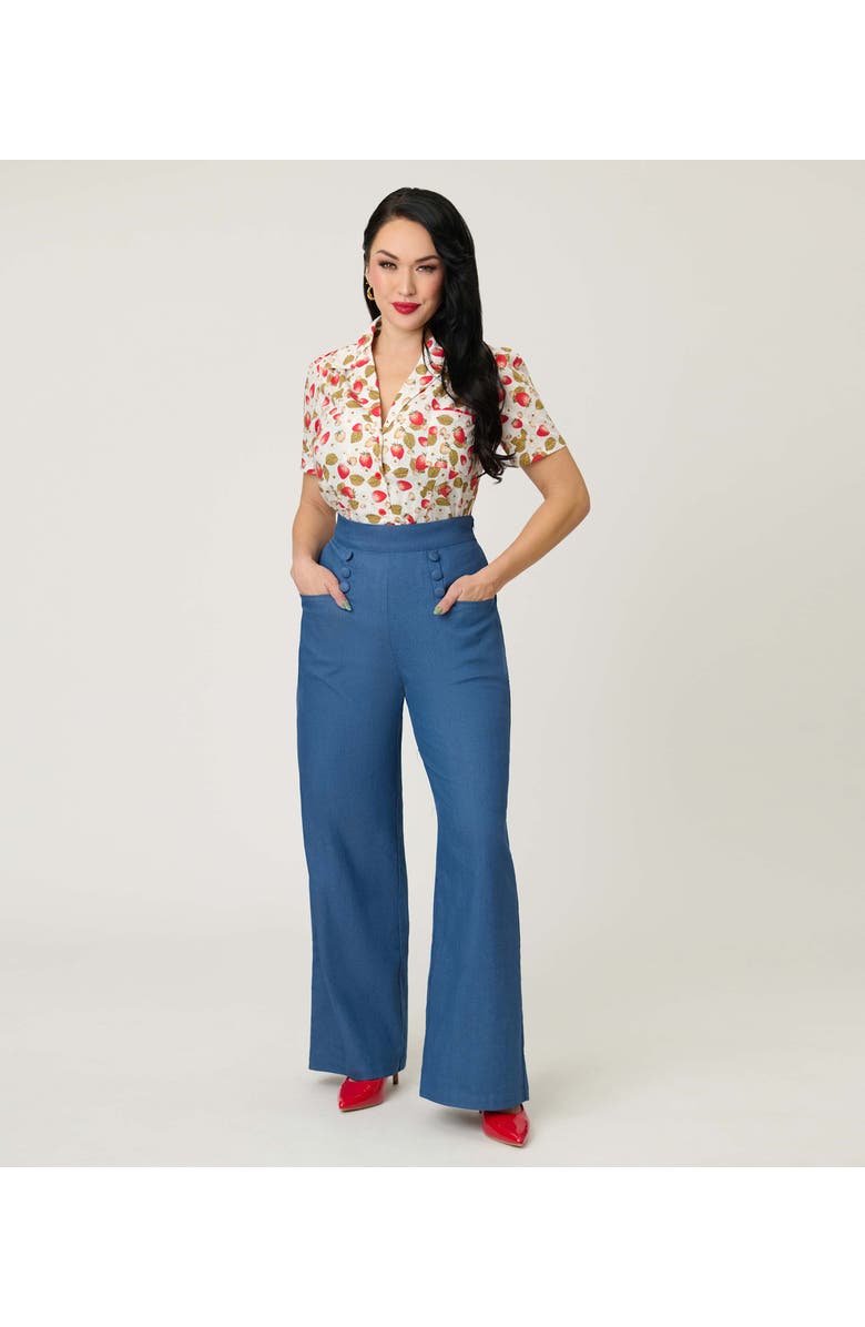 Unique Vintage 1940s Short Sleeve Collared Button Down Woven Blouse, Main, color, White W/ Strawberry Print