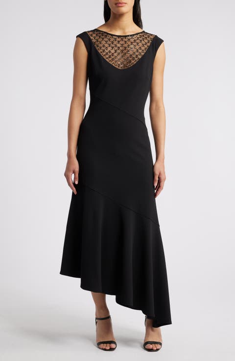 Beaded Illusion Mesh Asymmetric Dress