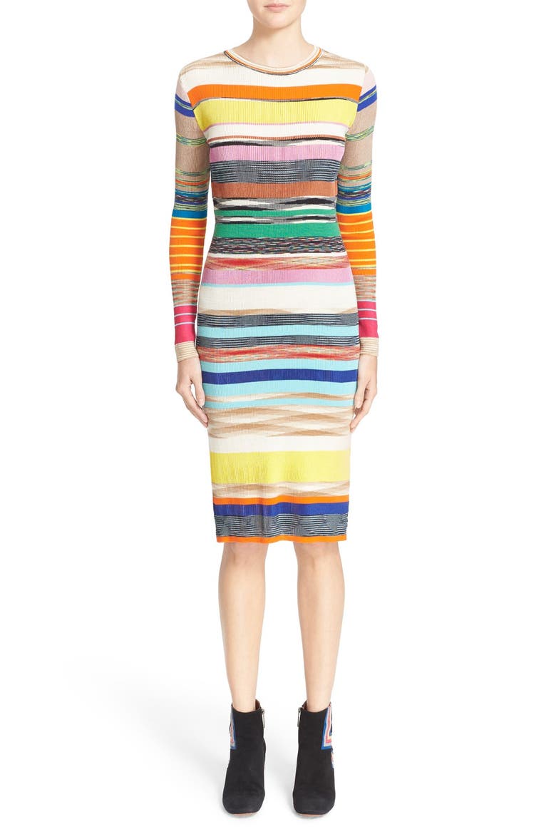 Stripe Rib Knit Sheath Dress, Main, color, WHITE/ BEIGE/ MULTI
