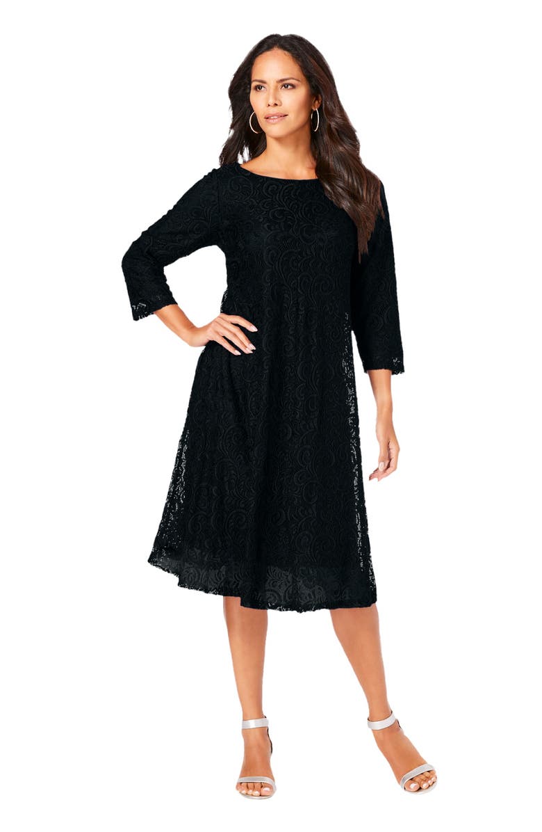 Roaman's Plus-Size 3/4 Sleeve Boatneck Lace Swing Dress, Main, color, Black