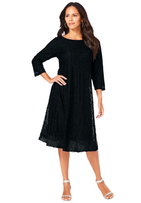 Plus-Size 3/4 Sleeve Boatneck Lace Swing Dress (Plus)