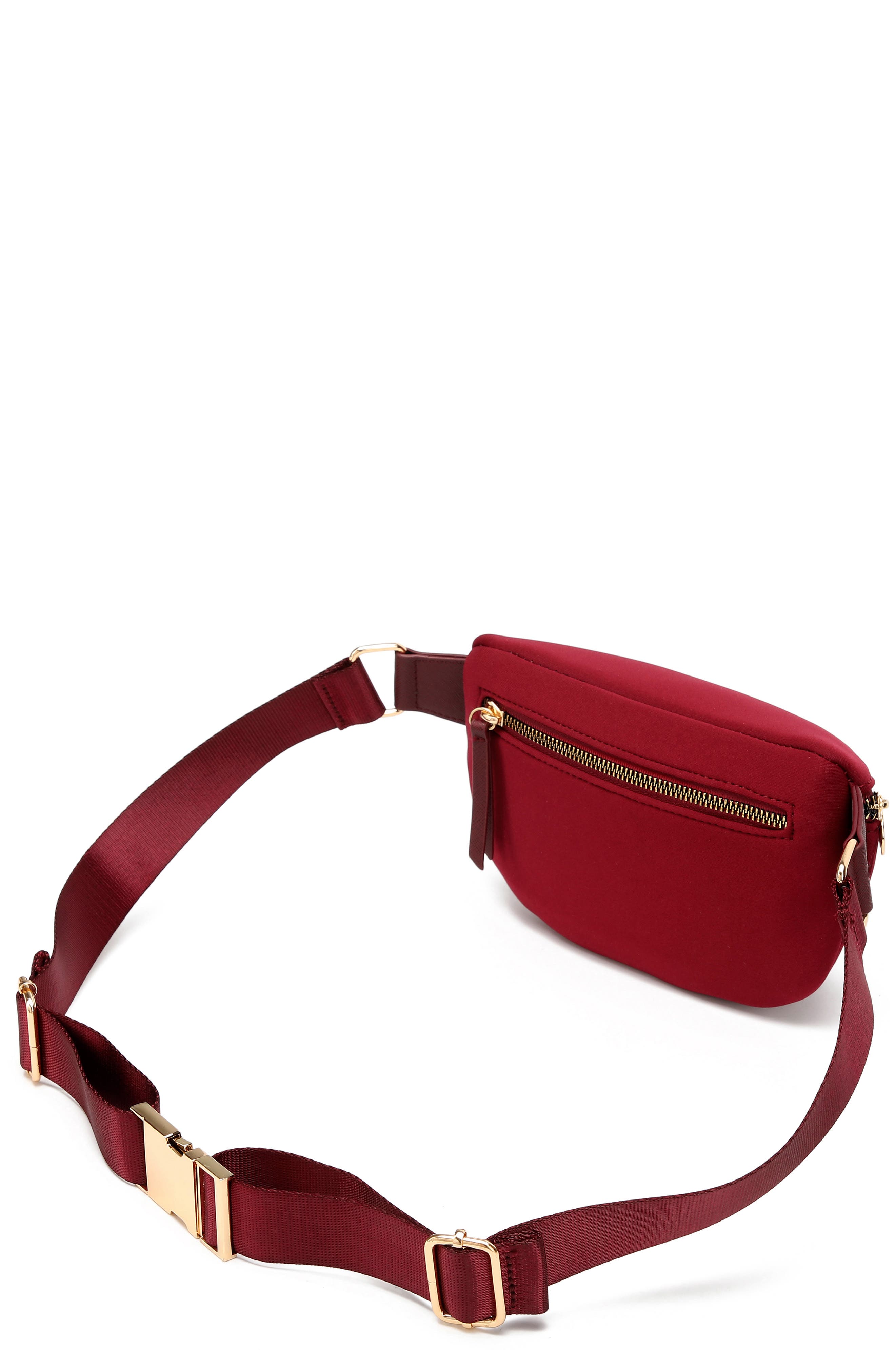 BADGLEY MISCHKA Sage Scuba and Vegan Leather Belt Bag, Alternate, color, Burgundy