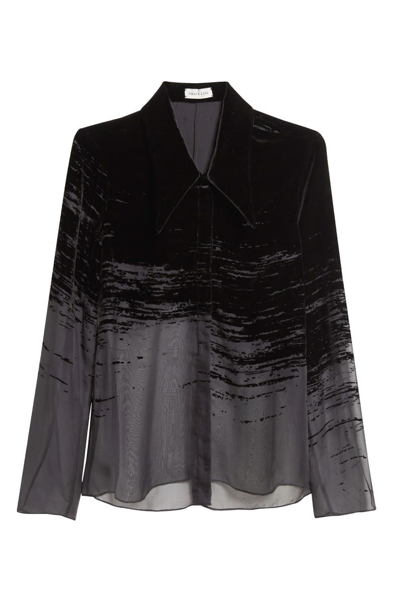 GRACE LING Glitch Devoré Velvet & Sheer Chiffon Button-Up Shirt, Main, color, Black