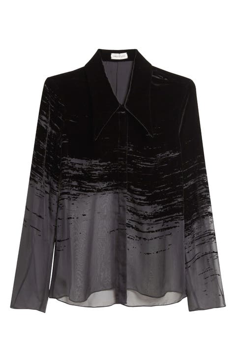 Glitch Devoré Velvet & Sheer Chiffon Button-Up Shirt