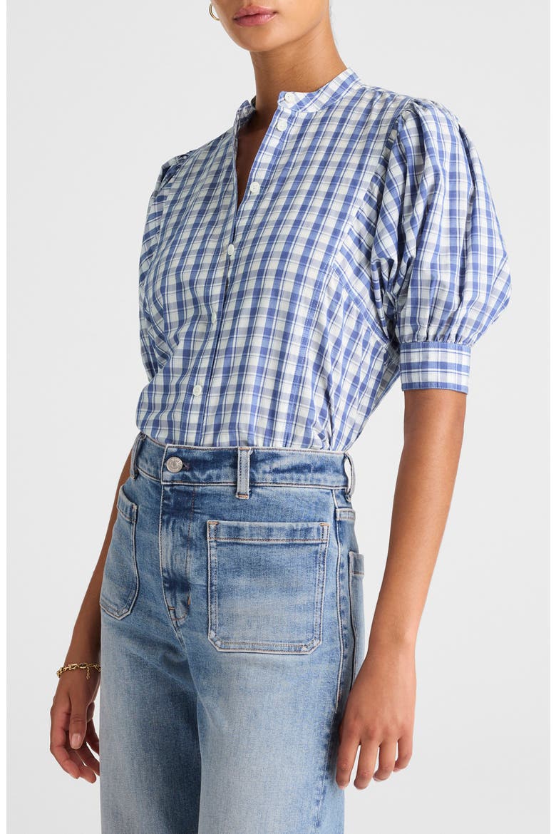 Plaid Puff Sleeve Band Collar Shirt, Main, color, BLUE WHITE PLAID