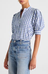 Madewell Plaid Puff Sleeve Band Collar Shirt