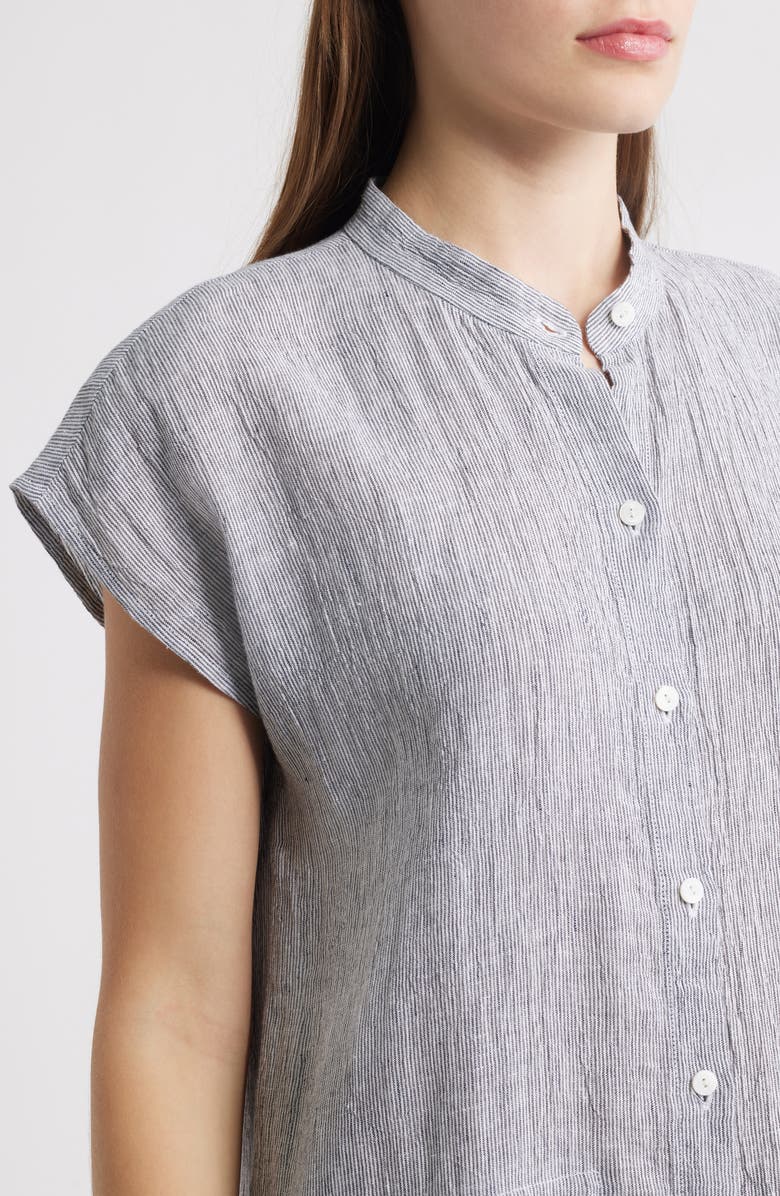 Eileen Fisher Band Collar Stripe Organic Linen Shirtdress, Alternate, color, Ink