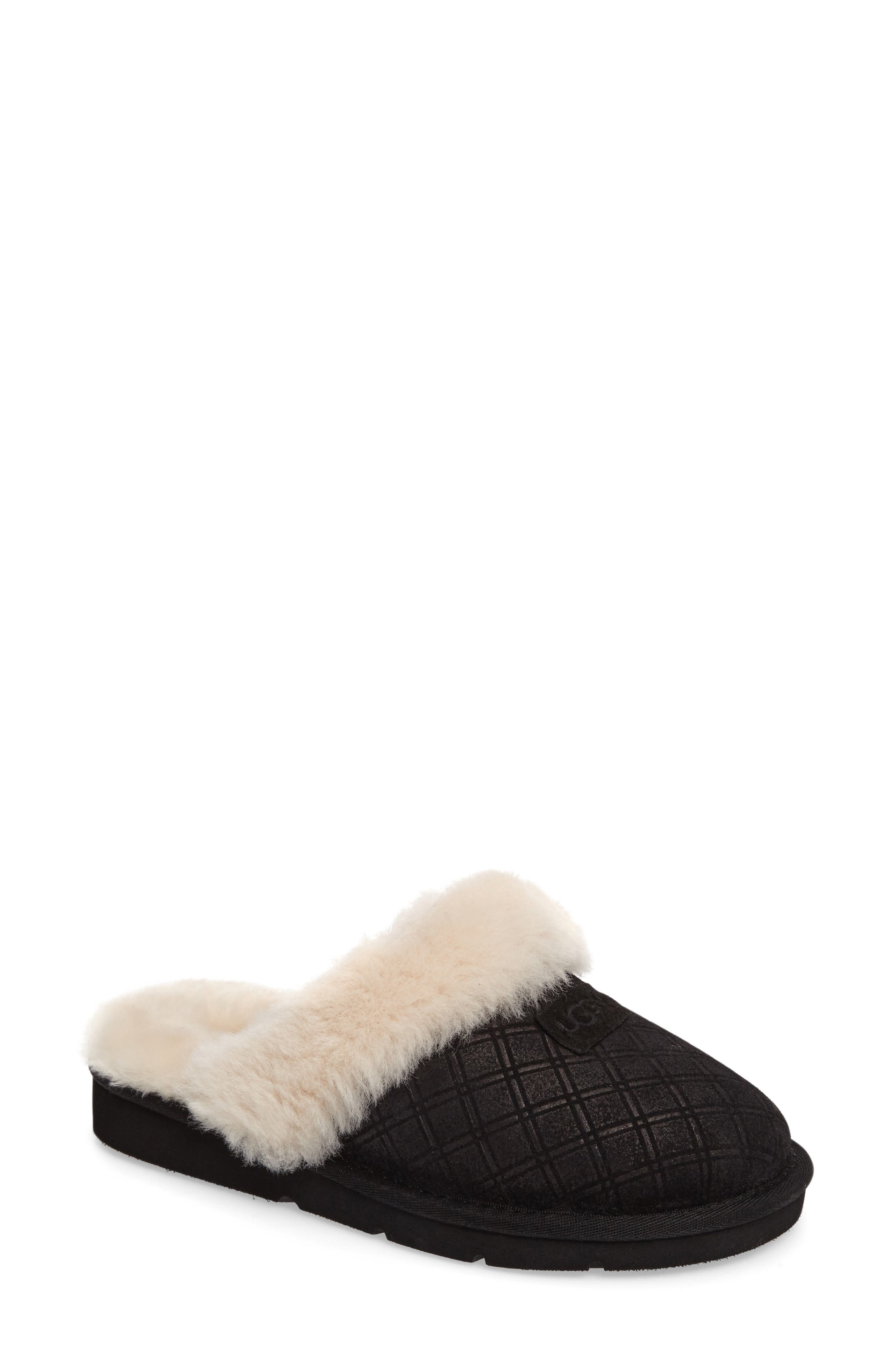 Cozy Genuine Shearling Slipper, Main, color, BLACK SUEDE