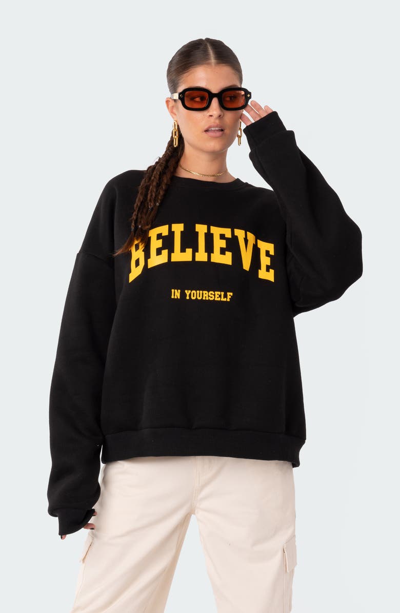 EDIKTED Believe Graphic Cotton Blend Sweatshirt, Alternate, color,