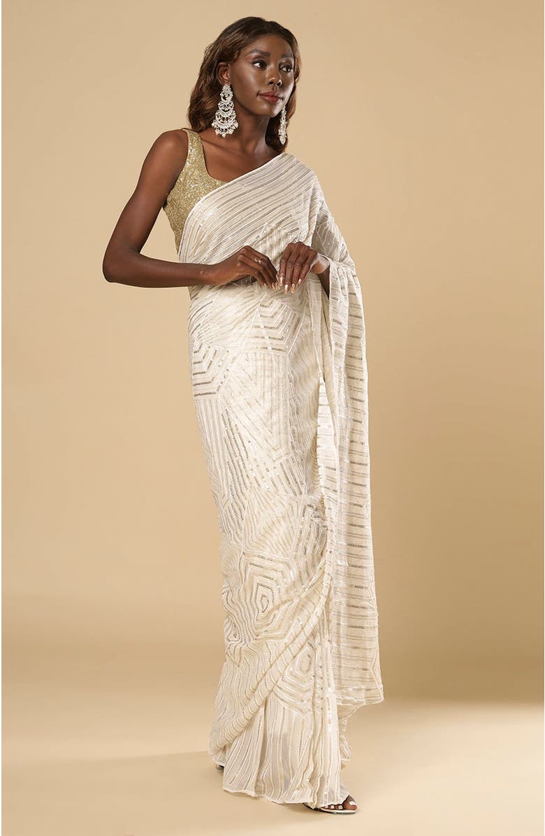 One Minute Saree<sup>®</sup> Charlize Luxe Cream Geometric Sequins Georgette Ready to Wear Saree, Alternate, color,