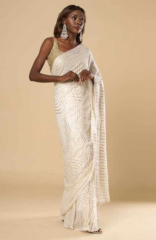 One Minute Saree® Charlize Luxe Cream Geometric Sequins Georgette Ready To Wear Saree In Cream