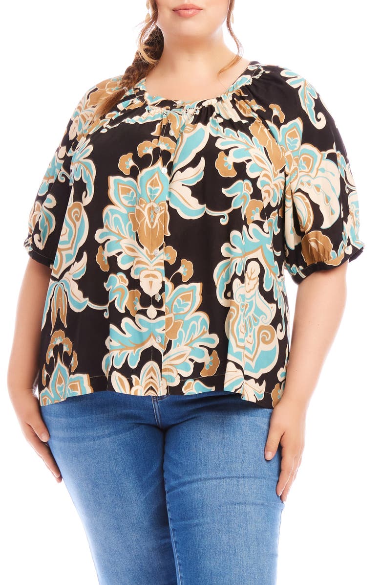 Karen Kane Floral Print Button-Up Peasant Top, Main, color, Print