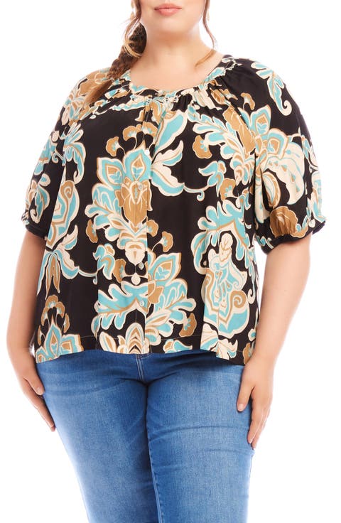 Floral Print Button-Up Peasant Top (Plus)