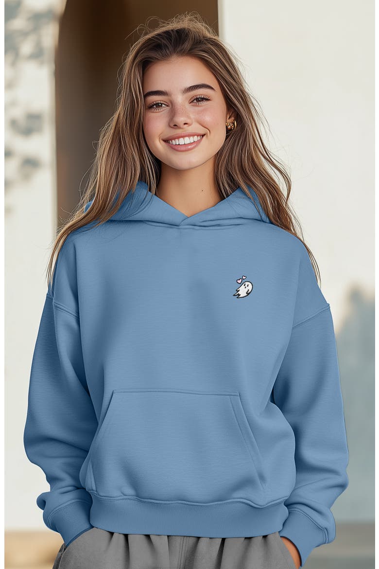 Womens Heartly Ghost Midweight Fleece Relaxed Hooded Sweatshirt, Alternate, color, Pebble Blue