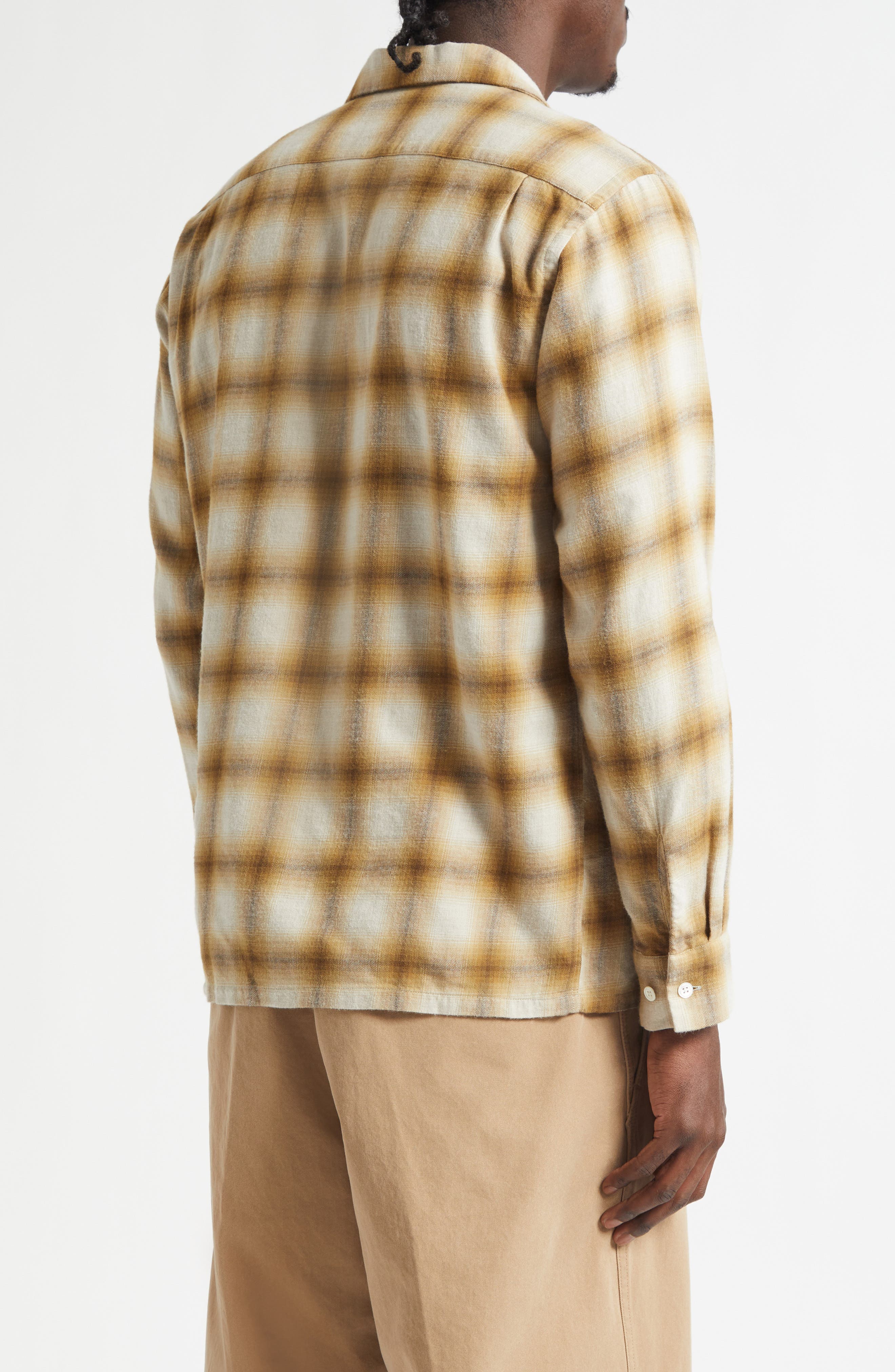 Open Collar Ombré Check Brushed Flannel Button-Up Shirt (Men 